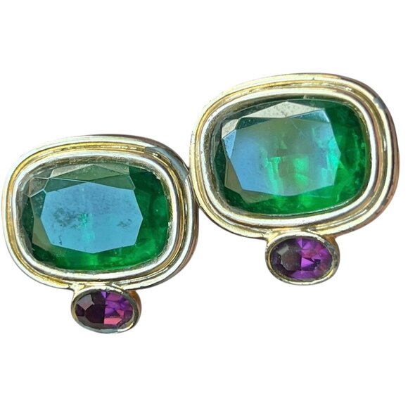 Green and Purple Glass Cab and Emerald Cut Clip-On Earrings Gold Tone 1990s - Picture 1 of 5